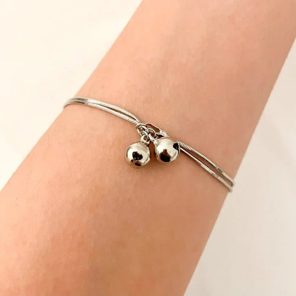 925 Sterling Silver Dangle Ball Bracelet Dainty Bracelet Two Layer Bracelet - Picture 4 of 4